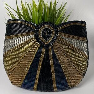 Elegant Vintage Beaded Art Deco Clutch in Black, Gold, Silver,‎ Copper & Navy